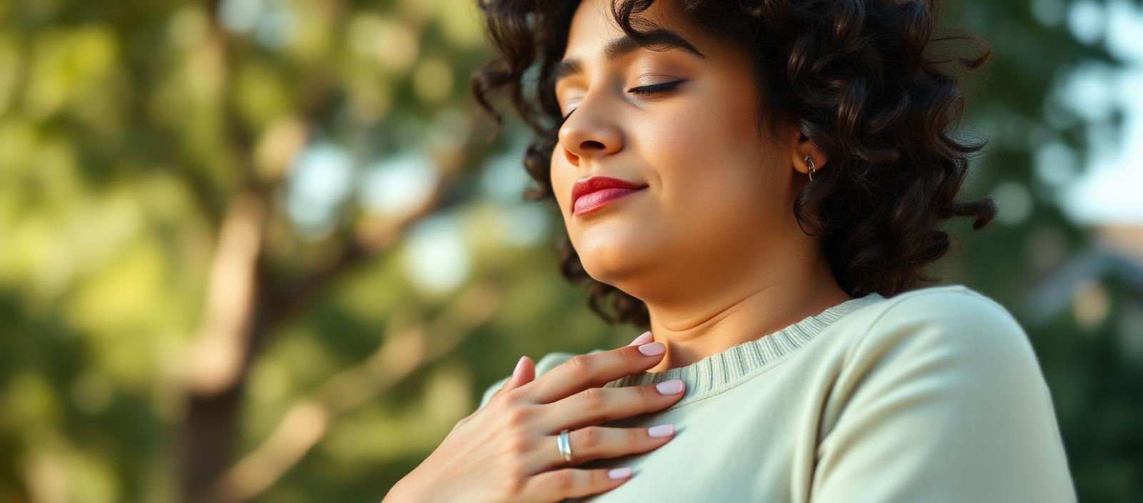 Mujer en calma respirando, sintiéndose plena